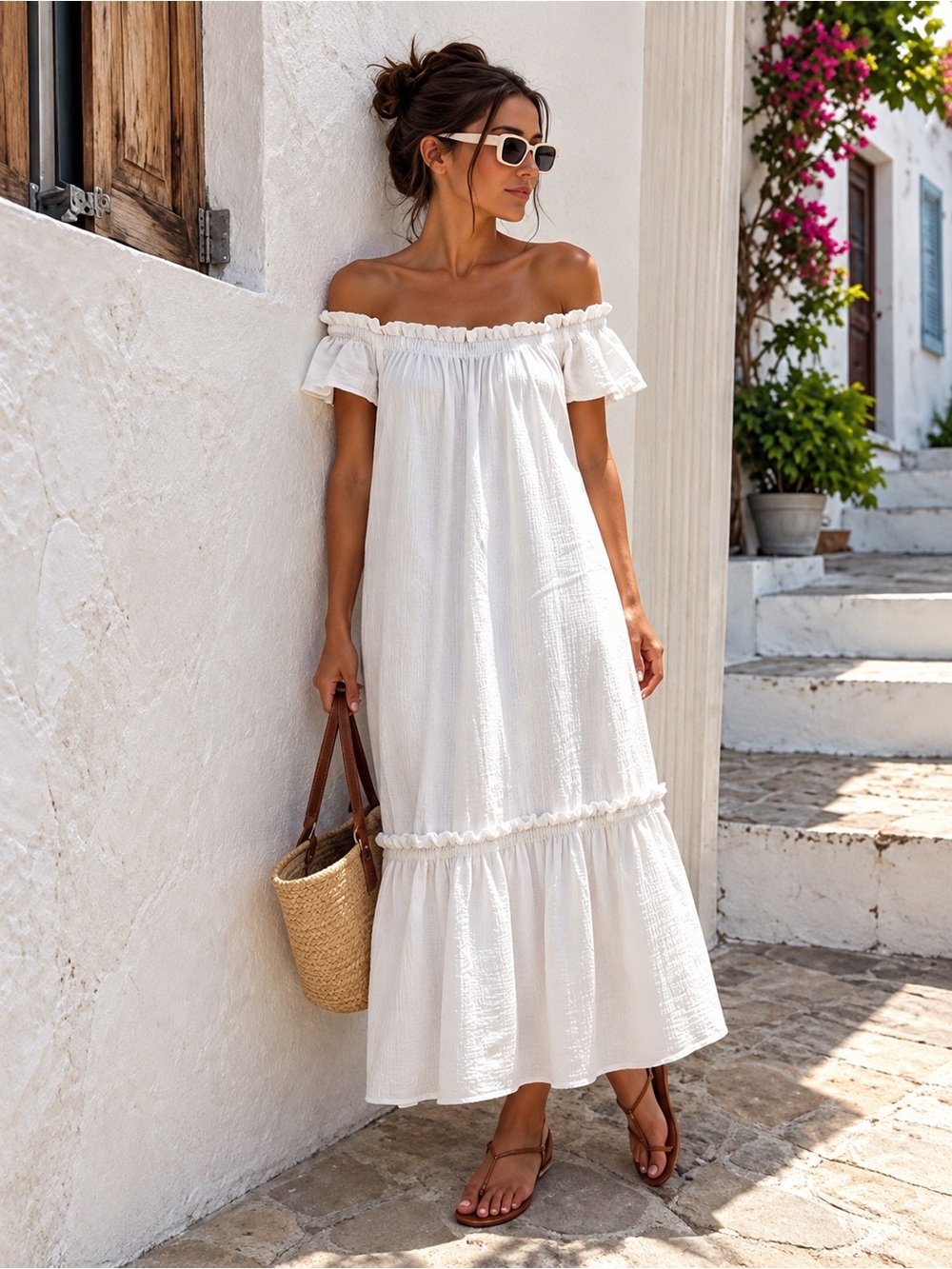 Zara White Cotton Gauze Off Shoulder Maxi Dress Size S